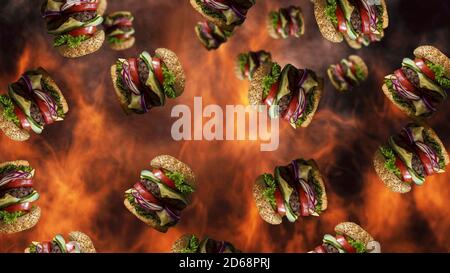 Hamburger fallen mit Rauch und brennendem Feuer im Hintergrund. Sonderangebot für Fast Food-Menüs Stockfoto