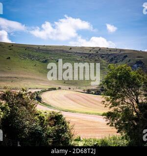 Der lange Mann von Wilmington, East Sussex, England. Ein Sommer ländlichen Blick über die South Downs Landschaft mit der alten Wahrzeichen Hügel Figur sichtbar. Stockfoto