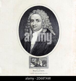 Colin Maclaurin (Februar 1698 - 14. Juni 1746) war ein schottischer Mathematiker, wichtige Beiträge zur Geometrie und Algebra. Er ist auch dafür bekannt, ein Wunderkind zu sein und den Rekord als jüngster Professor zu halten. Kupferstich aus der Encyclopedia Londinensis oder, Universal Wörterbuch der Künste, Wissenschaften und Literatur; Band XIV; herausgegeben von Wilkes, John. Veröffentlicht 1816 in London Stockfoto