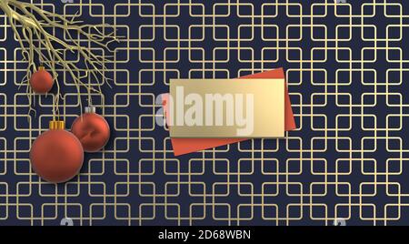 Weihnachts-Luxus-Banner. Realistische rote Kugeln Kugeln hängen auf goldenen Zweigen auf abstrakt glänzenden Hintergrund mit Gold-Label. . Mock up, Ort für Text, Einladung.3D-Illustration Stockfoto