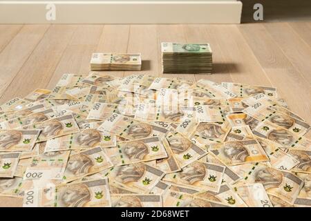 Eine Menge von 200 Zloty Rechnungen. Konzeptionelles Bild des Wirtschaftswachstums in Polen. Stockfoto
