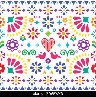 Mexikanische Volkskunst lebendige nahtlose Vektor-Muster, buntes Design mit Blumen und Vögel von traditionellen Ornamenten aus Mexiko inspiriert Stock Vektor