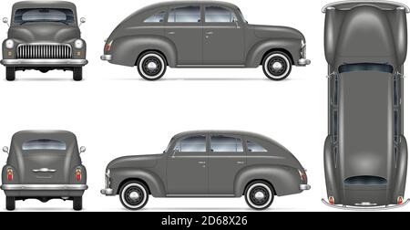Retro Auto Vektor-Modell auf weißem Hintergrund. Isolierte graue automatische Ansicht von der Seite, vorne, hinten, oben. Alle Elemente in den Gruppen auf separaten Ebenen Stock Vektor