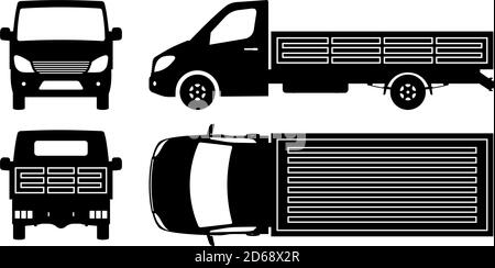 Flachbett LKW Silhouette auf weißem Hintergrund. Monochrome Fahrzeugsymbole stellen die Ansicht von der Seite, von der Vorderseite, von der Rückseite und von oben ein Stock Vektor