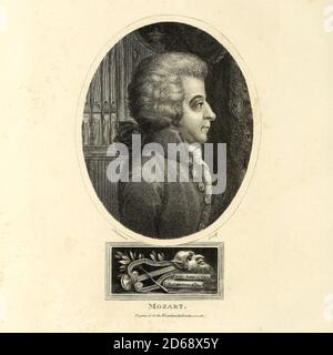 Wolfgang Amadeus Mozart (27. Januar 1756 – 5. Dezember 1791), getauft als Johannes Chrysostomus Wolfgangus Theophilus Mozart,[b] war ein fruchtbarer und einflussreicher Komponist der Klassik. Kupferstich aus der Encyclopedia Londinensis oder, Universal Wörterbuch der Künste, Wissenschaften und Literatur; Band XVI; herausgegeben von Wilkes, John. Veröffentlicht 1819 in London Stockfoto