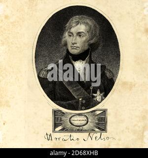 Vizeadmiral Horatio Nelson, 1. Viscount Nelson, 1. Herzog von Bronté, KB (29. September 1758 – 21. Oktober 1805), auch einfach als Admiral Nelson bekannt, war ein britischer Flaggenoffizier in der Royal Navy. Seine inspirierende Führung, sein strategisches Gespür und seine unkonventionelle Taktik brachten eine Reihe entscheidender britischer Seesiege, insbesondere während der Napoleonischen Kriege. Er wurde im Kampf verwundet, verlor mit 35 Jahren auf Korsika mit einem Auge den Blick, während er mit 40 Jahren Santa Cruz de Tenerife nicht erobern konnte. Er wurde während seines Sieges im Battl tödlich erschossen Stockfoto