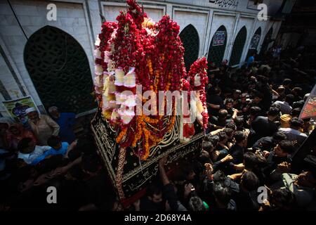 Schiitische Muslime nehmen an einer religiösen Prozession Teil, um den 40. Tag der Trauer nach dem Todestag von Imam Hussain zu begehen. Stockfoto