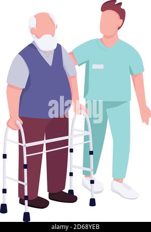 Älterer Mann mit Walker und Freiwilliger flache Farbe Vektor gesichtslos Zeichen Stock Vektor