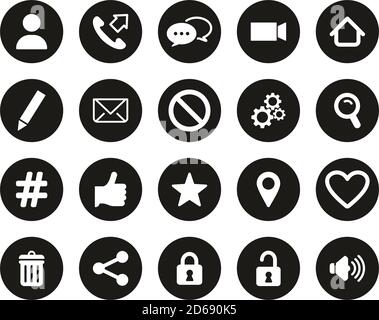 Kontakt Menü Symbole Weiß Auf Schwarz Flat Design Kreis Set Groß Stock Vektor