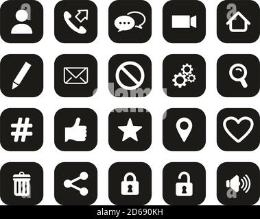 Kontakt Menü Icons Weiß Auf Schwarz Flat Design Set Groß Stock Vektor