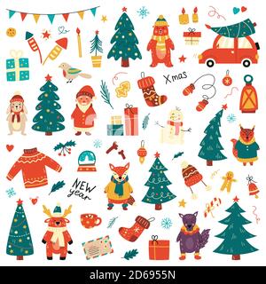 Weihnachts-Set, handgezeichnete Stil - Kalligraphie, Tiere und andere Elemente. Vektorgrafik Stock Vektor
