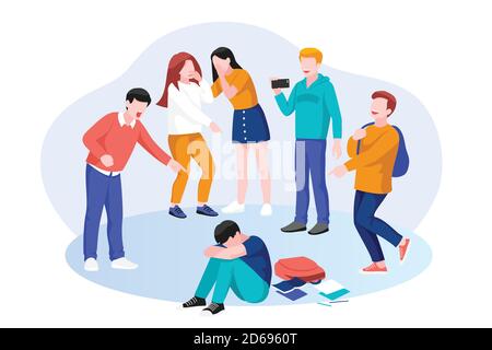 Kinder Schule Mobbing und Missbrauch Konzept. Vector flache Cartoon-Illustration von Teenagern Zeichen. Gruppe der Kinder schikaniert traurigen Jungen Stock Vektor