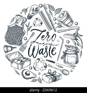 Zero Waste Kalligraphie Schriftzug Poster oder Label Design-Vorlage. Vektor-Skizze Illustration von natürlichen wiederverwendbaren Artikeln und Zubehör auf weißem Hintergrund Stock Vektor