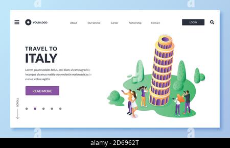 Reise nach Italien Vektor 3d isometrische Illustration. Touristen machen Foto und Selfie auf dem Hintergrund des Schiefen Turms von Pisa. Web-Landing-Page, Banner Stock Vektor