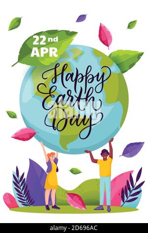 Happy Earth Day Kalligraphie Schriftzug, Banner Poster Design Vorlage. Menschen halten grünen Planeten Erde. Vektor flache Cartoon-Figuren Illustration. Stock Vektor