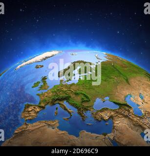 Oberfläche des Planeten Erde von einem Satelliten aus betrachtet, fokussiert auf Europa. Physische Karte der europäischen Länder. 3D-Illustration - Elemente dieses Bildes f Stockfoto
