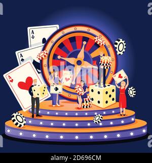 Casino Roulette und Glücksspiele Konzept. Menschen mit Poker-Chips und Würfel. Vektor flache Cartoon-Figuren Illustration. Männer in Tuxedos, Frauen in ev Stock Vektor