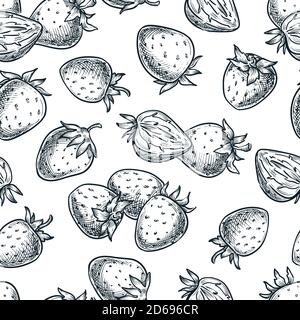 Süßes frisches Erdbeer-Nahtloses Muster. Frühling und Sommer schwarz und weiß lineare Beeren Skizze Vektor Illustration. Handgezeichneter Hintergrund, Textil p Stock Vektor