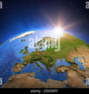 Oberfläche des Planeten Erde von einem Satelliten aus betrachtet, fokussiert auf Europa, Sonne aufgeht am Horizont. Physische Karte der europäischen Länder. 3D-Illustration Stockfoto