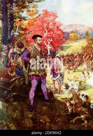 Diese Illustration von Jacques Cartier und Indianern stammt aus dem Jahr 1917. 1534 kam der französische Entdecker Jacques Cartier im heutigen Quebec an. Er traf einen einheimischen Stamm, und nachdem er einen Sommer mit ihnen verbracht hatte, erkannte er, dass er dem König von Frankreich beweisen musste, dass er Kontakt aufgenommen hatte. Dann entführte er die beiden Söhne des Chefs im Teenageralter, um sie nach Frankreich zurückzubringen Jacques Cartier (1491-1557) war ein bretonischer Entdecker, der behauptete, was jetzt Kanada für Frankreich ist, und war der erste Europäer, der den Golf von St. Lawrence und die Ufer des Heiligen beschrieb und karierte Lawrence River. Cartier gilt als Kana Stockfoto
