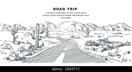 Wüste und Berge Straße Landschaft. Vektor Vintage Skizze Illustration. Natur Umgebung ruhige Szene. Outdoor-Abenteuer und Reisen Hand gezeichnet backg Stock Vektor