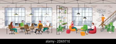 Coworking Office Loft interior mit arbeitenden Menschen. Vektor trendy flache Illustration. Kreativer Arbeitsplatz, Freiberufler am Arbeitsplatz. Stock Vektor