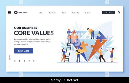 Unternehmenswert und Unternehmensleitbild. Vektor flach Cartoon Illustration für Web Landing Page, Banner Design Vorlage. Mitarbeiterteam Stock Vektor