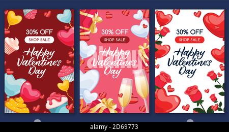 Happy Valentines Day Verkauf Banner Set. Kalligraphie Schriftzug Gruß Geschenkkarten oder Postkarten. Vektor flache Cartoon-Illustration. Poster-Vorlage mit Stock Vektor