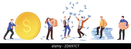 Reiche Männer mit Geld. Geschäftsmann mit Dollar, Sack Geld, Goldmünzen und Sparschwein. Vektorgrafik. Wohlstand, Investitionen und Erfolg Design el Stock Vektor