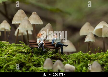 Kleine Figuren lesen die Zeitung und ruhen unter dem Pilz mycena arcangeliana im Wald in holland Stockfoto