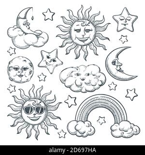 Sky Vintage Design-Elemente gesetzt, isoliert auf weißem Hintergrund. Vektor handgezeichnete Skizze Illustration von Mond, Sonne, Sternzeichen. Doodle-Space-Symbole Stock Vektor