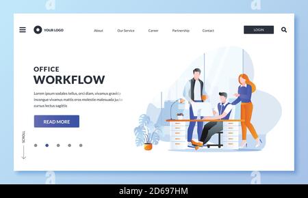 Teamwork, Geschäftskommunikation und Office Workflow Konzept. Vektor flache Illustration von Geschäftsleuten Zeichen. Kollegen diskutieren Projekt bei Stock Vektor