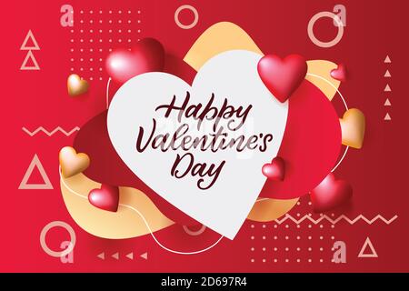 Happy Valentines Day Poster, Banner mit weißem Rahmen. Vektor 3d fliegende Herzen Illustration auf rotem und goldenem Hintergrund. Romantischer Urlaub abstrakter Trend Stock Vektor