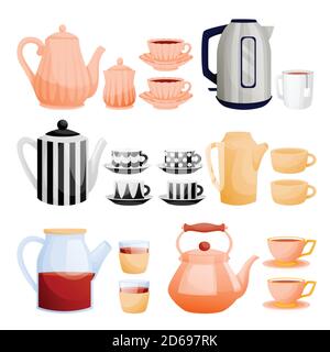 Teekannen und Teetassen Sammlung. Vektor flache Cartoon-Illustration. Keramik, Glas, Porzellan Utensil Icons Set. Küchengeräte und Home Dekoration Isolat Stock Vektor