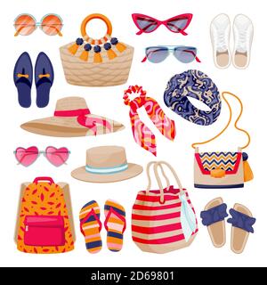 Weibliche Mode Sommer Accessoires Kollektion. Damenschuhe, Taschen, Sonnenbrillen, Hüte, isoliert auf weißem Hintergrund. Vektor flache Cartoon-Illustration. Fa Stock Vektor