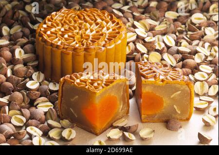 Lotus Paste Single Eigelb Mondkuchen mit Lotus Samen für Chinesisch Feier des Mid Autumn Festivals Stockfoto