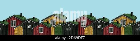 kanadische, skandinavische rot, gelb, schwarz, grün Häuser mit Gras auf dem Dach bunte Grenze auf blauem Hintergrund Stock Vektor