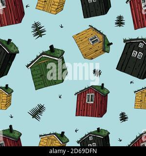 skandinavische Häuser mit Gras auf dem Dach bunt nahtlose Muster Auf blauem Hintergrund Stock Vektor