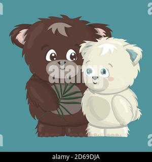 Weiße polare und braune Grizzly lächelnde glückliche Bären sind in der Liebe Cartoon Vektor Illustration isoliert auf blauem Hintergrund. Grizzly männlichen Bären macht ein Geschenk ein Stock Vektor