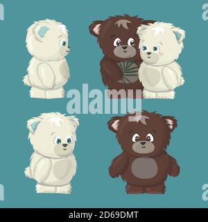 Weiß Polar und braun Grizzly lächelnd glücklich Bären Posen sind in der Liebe Cartoon Vektor isolierte Illustration auf blauem Hintergrund. Grizzly Bärenmännchen Stock Vektor