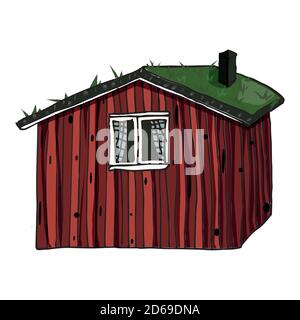 skandinavisches rotes Holzhaus mit Gras auf dem Dach Auf weißem Hintergrund Stock Vektor