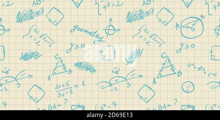 vektor nahtlose Muster mit handschriftlichen blauen mathematischen Formeln, Zahlen, Berechnungen, Handschriften auf dem quadratischen Papier der Geometrie und Algebra, zurück zur Schule Stock Vektor