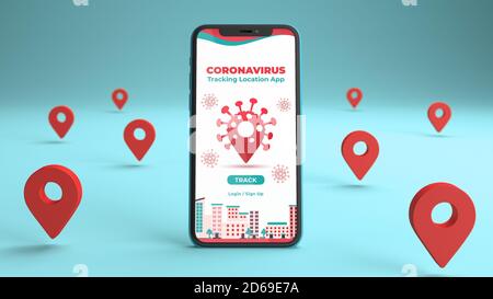 Handy-Mockup mit einem Coronavirus Tracking-Standort-App und einige Standort Pins herum. 3D-Rendering Stockfoto