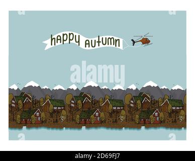 Kanadische skandinavische rot-braune Holzhäuser mit Gras auf dem Dach und gelben Bäumen, Bergen, Helocopter Vektor handschriftlich eine horizontale Postauto Stock Vektor