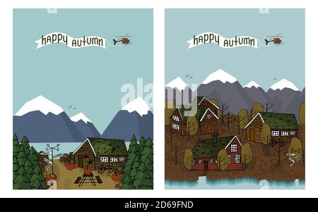 Kanadische skandinavische rot-braune Holzhäuser mit Gras auf dem Dach und gelben Bäumen, Bergen, Helocopter Vektor handgeschriebener Satz von zwei Postkarten w Stock Vektor