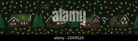 skandinavische Holzhäuser, Bäume, Kürbisse, Spinnennetz, Blätter, Pilze nahtlose Muster mit Hubschrauber Stock Vektor
