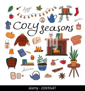 Gemütliche Jahreszeiten. Große Reihe von Hygge-Icons und handgeschriebenen Schriftzügen. Niedliche Elemente für Poster, Karten, Aufkleber und saisonale Designs. Handgezeichneter Vektor Stock Vektor