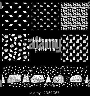 Set von weißen Herbst Halloween Muster mit Häusern Bäume, Kürbisse, Spinnen, Netz, Blätter, Pilze auf schwarzem Hintergrund zum Ausmalen Buch Stock Vektor