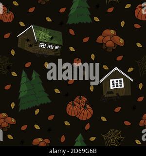 Braun Holz skandinavischen Häuser Bäume Kürbisse, Spinnen, Netz, Blätter, Pilze nahtlose Muster Stock Vektor