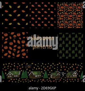 Set von Herbst Halloween Muster mit Häusern und Bäumen, Kürbisse, Spinnen, Netz, Blätter, Pilze auf schwarzem Hintergrund Stock Vektor